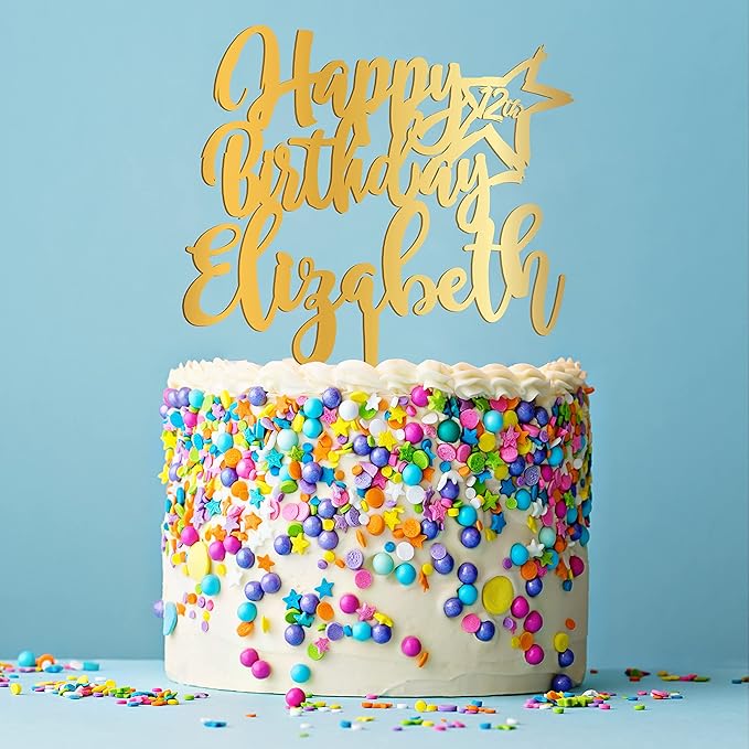Personalized Birthday Cake Topper - Happy Birthday Cake Toppers w/Name and Star - Custom Acrylic Cake Decorations, Birthday Cake Topper for Birthday Party - 3 Mirrored Acrylic Colors