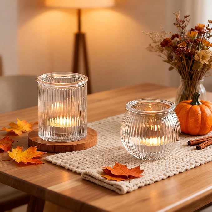 NITIME 12pcs Assorted Votive Candle Holders for Wedding Decor, Clear Ribbed Tea Lights Candle Holder, Glass Candle Holder for Table Centerpiece, Party and Holiday Decorations