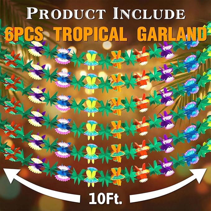 DomeStar 6 Packs Tropical Flower Garlands, Tissue Flower Banner Hibiscus Garland Hanging Party Decorations for Hawaiian Luau Party Beach Birthday Baby Shower Wedding