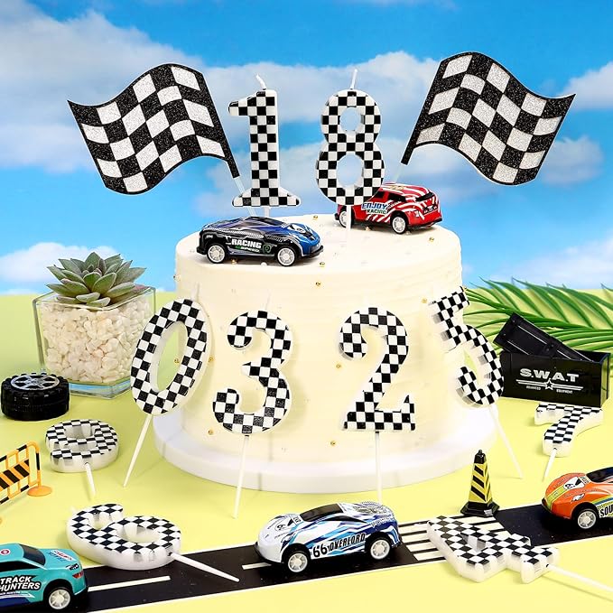 Racing Car Themed Birthday Candles, Number 8 Checkered Candles, Black & White Checkered Cake Decoration, Car Cake Topper for Party Decoration Theme Party Supplies