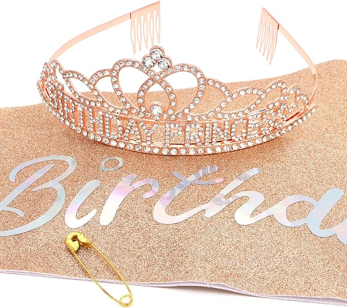 CAVETEE Princess Crowns and Sashes for Girls & Women - Birthday Party Decorations Set