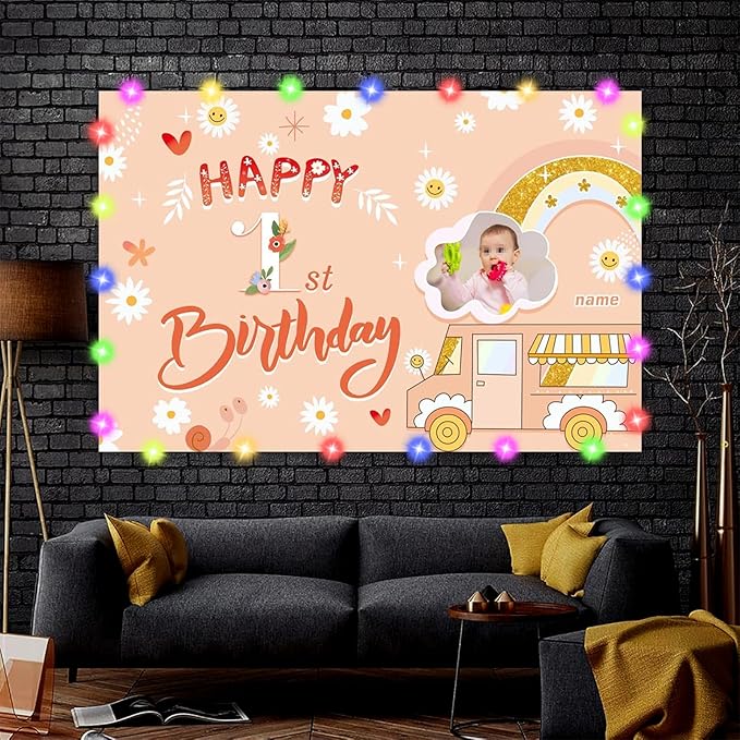 Dicodes Custom Groovy Hippie Happy Birthday Backdrop Retro Boho Girls Birthday Background Hippie Theme Daisy Floral Kids Happy Birthday Newborn Baby Party Decor Banner