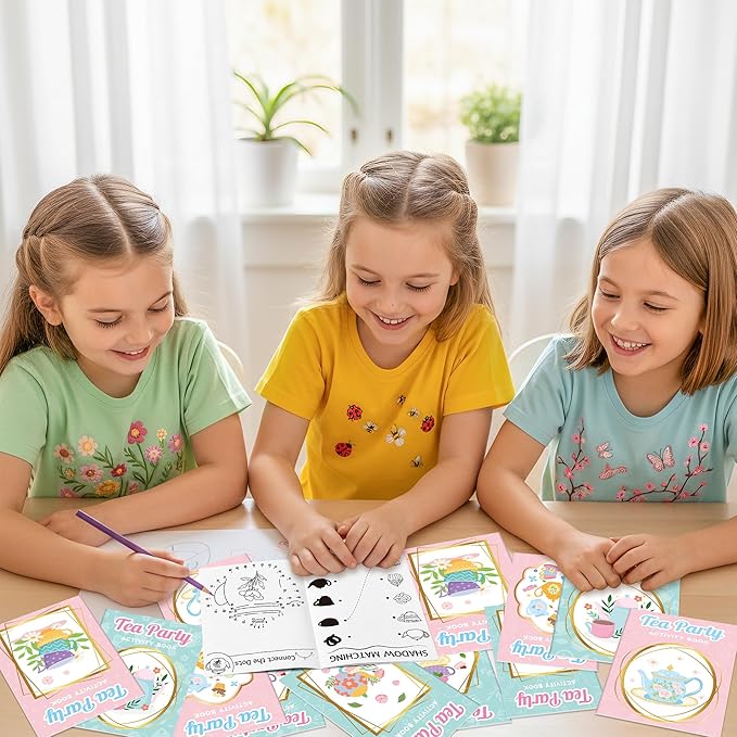 Tea Party Activity Books for Kids - 24Pcs Tea Time Themed Mini Game Coloring Booklet Bulk Maze Word Scramble Word Search Coloring Books for Birthday DIY Party Favor Goodies Bag Filler Classroom Reward