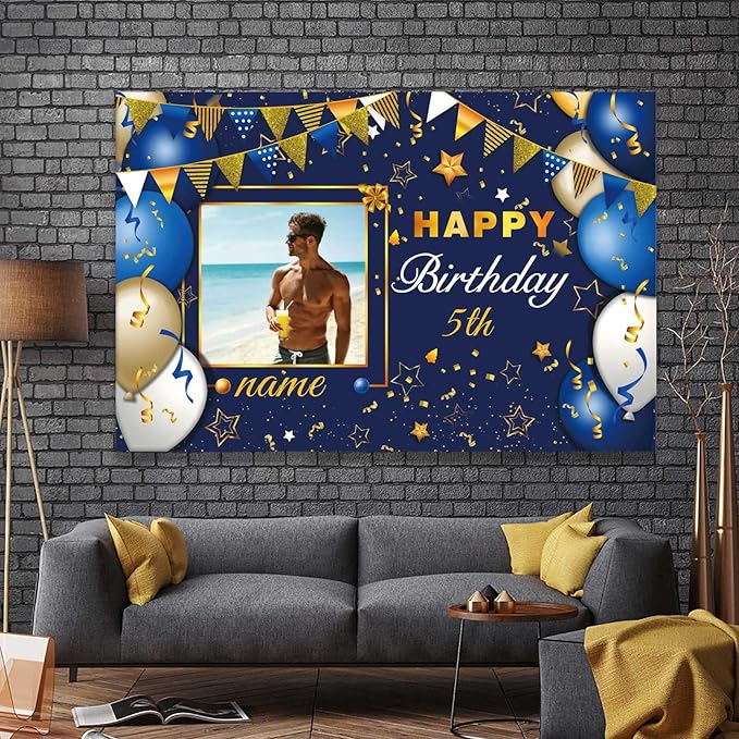 Custom Navy Blue and Gold Happy Birthday Sign Birthday Party Decorations Supplies Personalized Navy Blue Backdrop Banner (4x6ft)