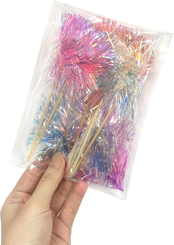 10PCS Foil Firework Cupcake Toppers, Takemay Happy Birthday Cake Toppers, Sparkle Tinsel Flower Drink Stirrers Cocktail Food Fruit Toothpicks for Party Birthday Wedding Ceremony