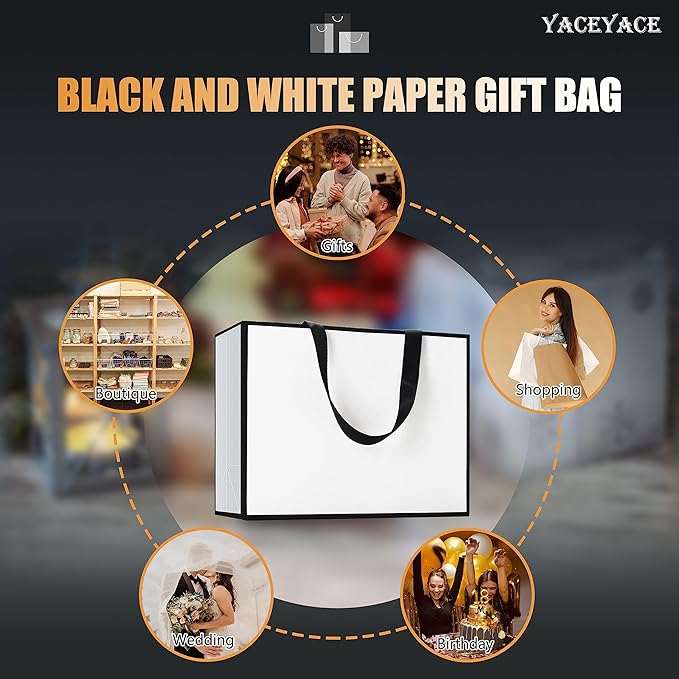 Black and White Gift Bags With Ribbon Handles, 10Pcs 10.5"x4.25"x8" Medium Paper Bags for Wedding, Shopping, Party