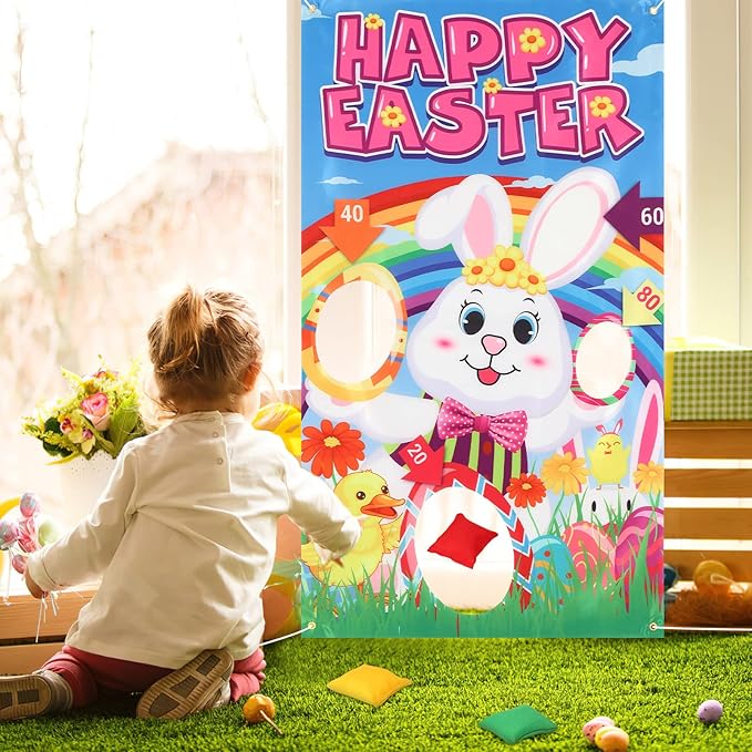 23 Packs Easter Outdoor Party Games for Kids Potato Sack Race Jumping Bags with Legged Race Bands, Egg and Spoon Race,Toss Game and Stickers, Outdoor Games for Easter Eggs Hunt,Easter Party Supplies