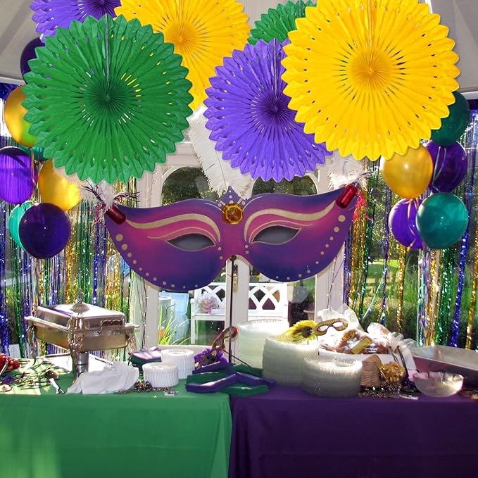 18 Pcs Mardi Gras Hanging Honeycomb Paper Fans, Round Paper Fan Decorations for Weddings, Birthdays, Bachelorette, Photo Booth Backdrops, Baby Shower, Anniversary Events Party Supplies