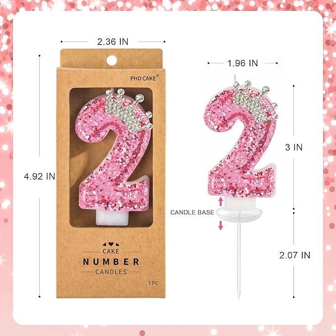 PHD CAKE Birthday Number Candles,Pink Crown Birthday Candles for Cake,Glitter Number 2 Candle Cake Topper with Sequins for Girls,Women, Anniversary Celebrations Supplies