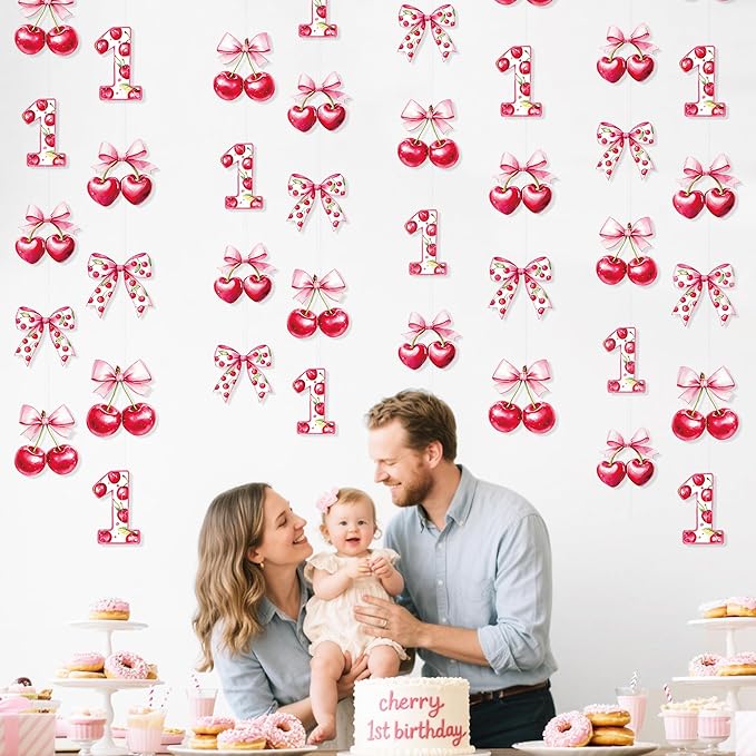 Cherry 1st Birthday Decorations Sweet Floral Cherries Pink Bow Hanging Streamer Garland Banner for Happy First Birthday Baby One Year Bday 1st Wedding Anniversary Party Decorations Supplies