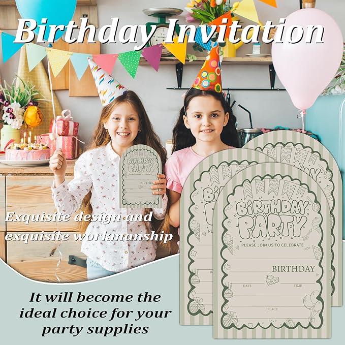 Retro Birthday Party Invitations, Green Retro Wave Theme Birthday Invitation for Boys Girls, 20 fill in Invitations Cards with Envelopes, Party Decorations Supplies (arch)