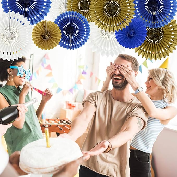 BEISHIDA Blue Gold White Hanging Honeycomb Round Paper Fans Decoration Set for New Year Graduation Birthday Wedding Bachelorette Baby Shower Backdrops Anniversary Paper Party Supplies(11packs)