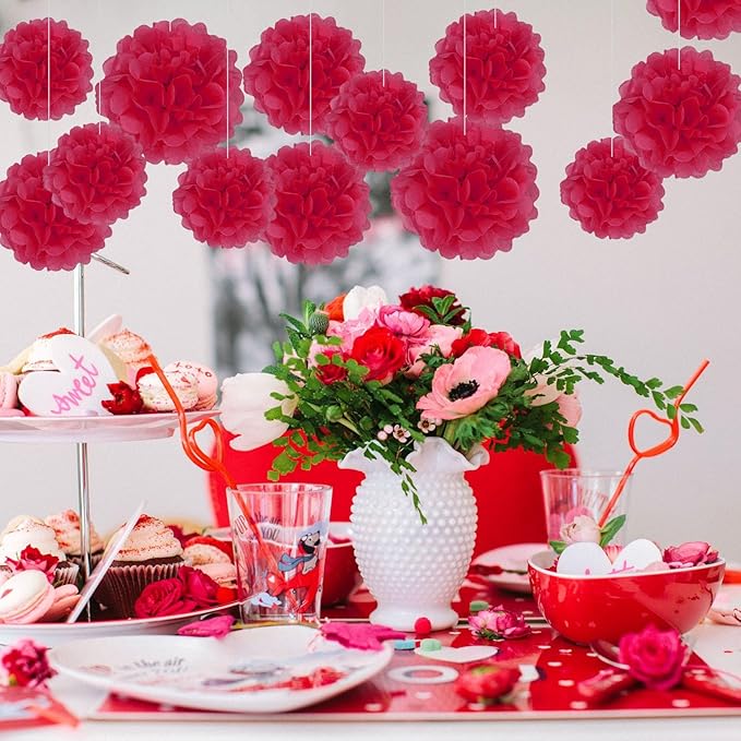 20 PCS Red Tissue Paper Pom Poms, Tissue Pom Poms Flowers, Sizes of 6", 10", 12", 14" Hanging Paper Flower Ball for Wedding, Birthday, Baby Shower Party Decor