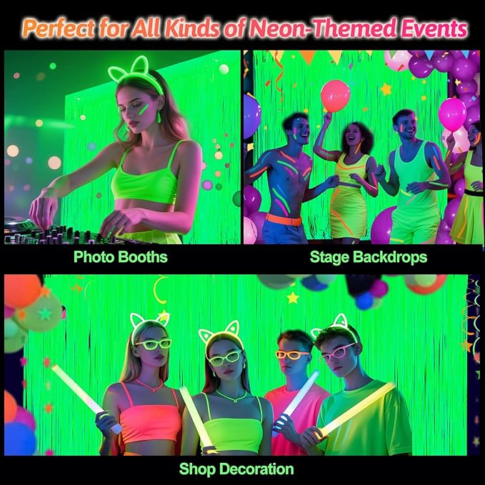 Glow in The Dark Party Supplies 2 Pack Neon Party Decorations Fluorescent Tinsel Foil Fringe Curtains Photo Booth Prop Backdrop Streamer Blacklight Decorations (Neon Green)