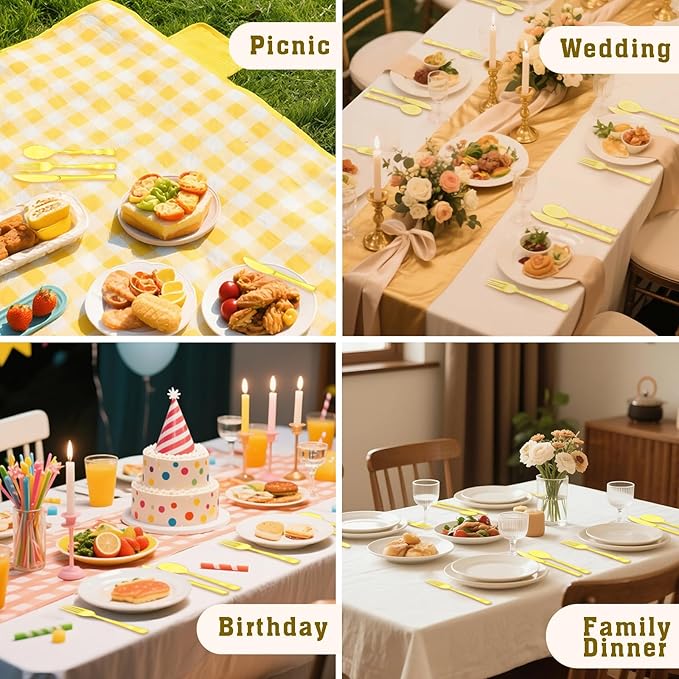 150 Pcs Yellow Plastic Silverware Heavy Duty Yellow Cutlery Sets Disposable Includes 50 Forks, 50 Knives and 50 Spoons for Easter Party, Birthday, Picnic