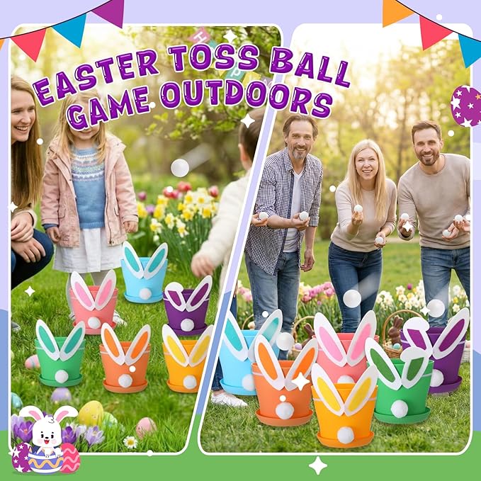 Easter Toss Ball Game with 6 Plastic Flower Pots 12 Bunny Ear Hat Decor 12 Balls Toss Play Set for Easter Party Games Spring Festival Game Family Indoor Outdoor Games Carnival Prizes