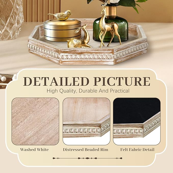 Wooden Decorative Tray, Small Serving Tray with Wood Bead, Farmhouse Big Tray for Ottoman, Countertop, Coffee Tabl, 13" x 13"x 1.6" (White Washed)