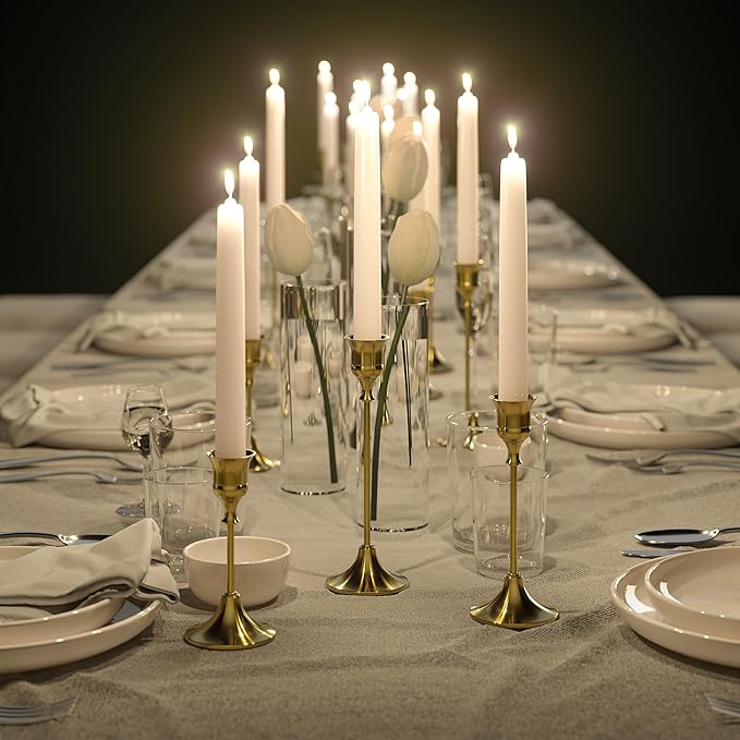 FSyueyun 6 Pcs Brass Candle Holders, Elegant Metal Taper Candle Holders Set, Modern Candlestick Holders for Table Centerpiece, Fireplace Mantel, Wedding, Christmas Home Decor and Housewarming Gift
