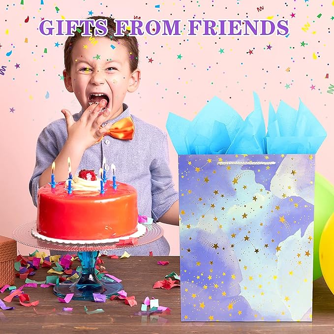 BLESZSING Gift Bag Birthday Large Gift Bags Set Included 2 Pack Paper Gift Bags with Tissue Paper Colorful Pink Blue Gift Bags 125 Large Size Blue Pink and Star Large (Pack of 2)
