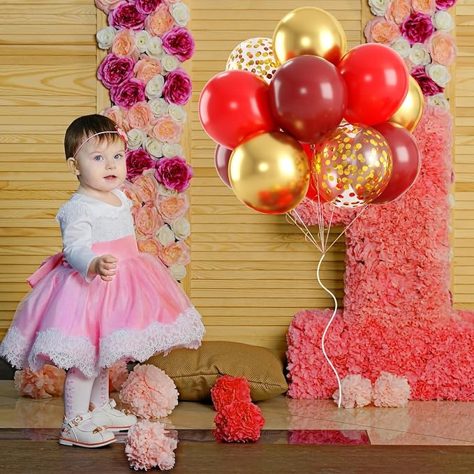 Red & Gold Balloons Set with Gold Confetti - Metallic Balloons for Wedding, Bridal Shower, Baby Shower
