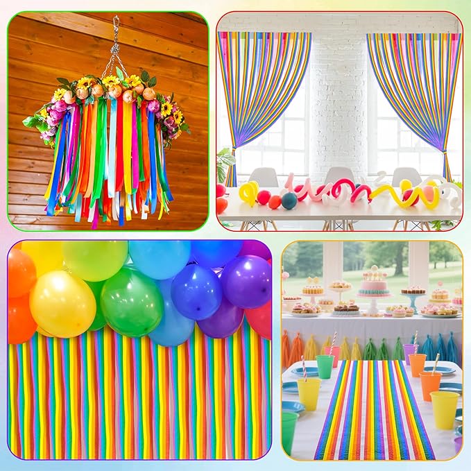 6 Rolls 492ft Crepe Paper Streamers Party Decorations, Rainbow Crepe Paper Roll Streamers for Rainbow Themed Birthday Party DIY Crafts