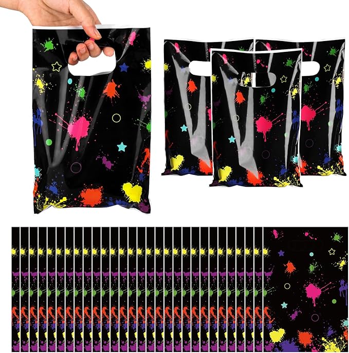 Hxezoc 50 Pieces Neon Candy Bags Glow in The Dark Goodie Bag Plastic Colorful Treat Bags Neon Gift Wrap with Handles Favor Bags For 80's 90's Birthday Party Decoration Supplies
