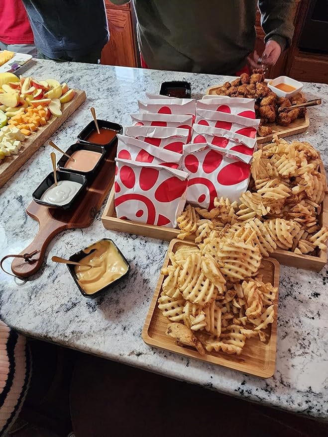 Bamboo Serving Trays Dinner Plates Cheese Board 16.5"x11.8"(42x30cm with Handle, Set Includes 1xHexagon 12.5"(32cm)+1xHexagon 9.8"(25cm)+1xSquare 5.9"(15cm) Plates for Family Dinner