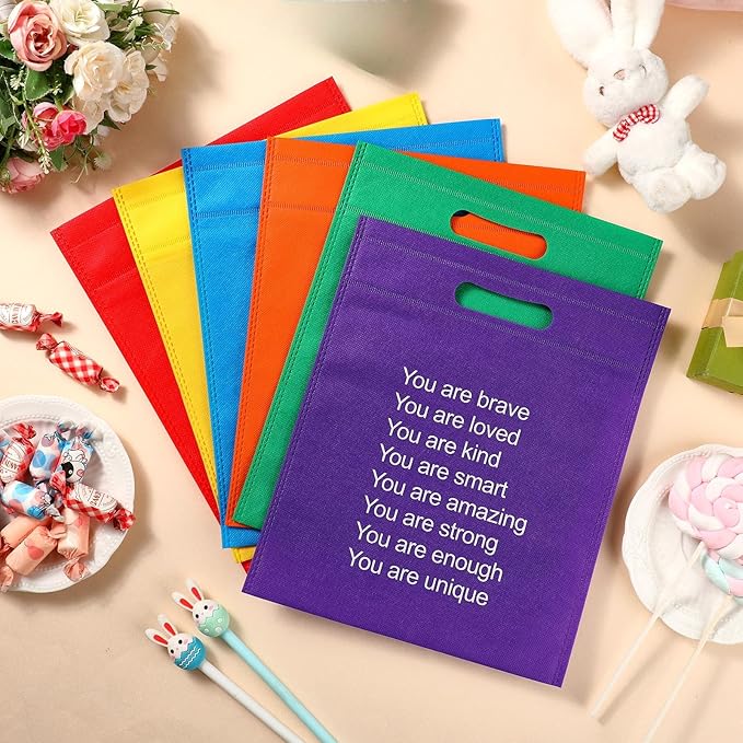 48 Pcs End of the Year Gifts Bags for Students Rainbow Reusable Goodie Treat Bags with Handles Bulk 11.5 x 9.5 Inches Inspiration Party Favor for Birthday Holiday Party Supplies