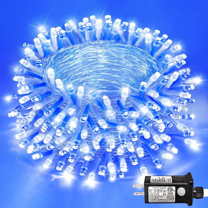 Blue and White Christmas Lights Outdoor 82ft 250 LED Christmas Tree Lights 8 Modes Clear Wire, Plug in Waterproof Twinkle Fairy Lights for Indoor Christmas Bedroom Tree Decorations