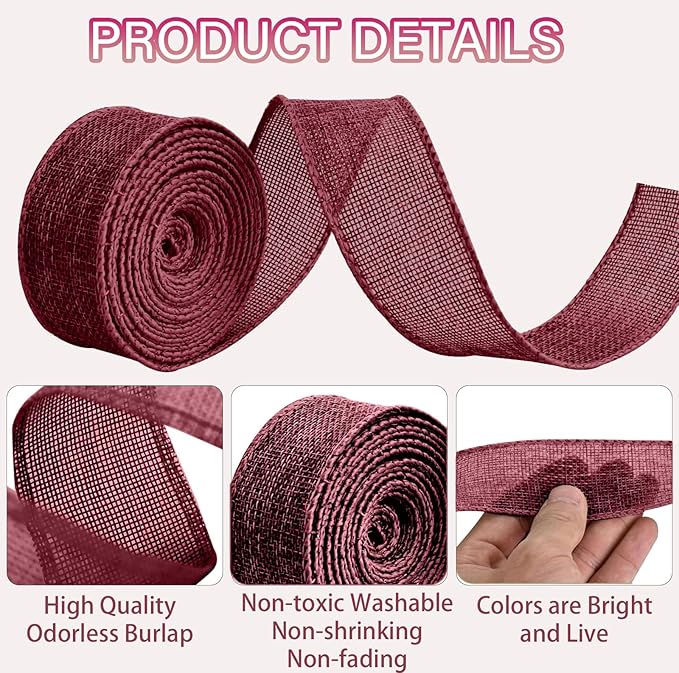 Burgundy Burlap Ribbon 2 inch X 10 Yard Natural Burlap Woven Wired Ribbons DIY Handmade Edging Production Wreath Holiday Decoration Gift Ribbon for Gift Wrapping Burgundy Ribbons