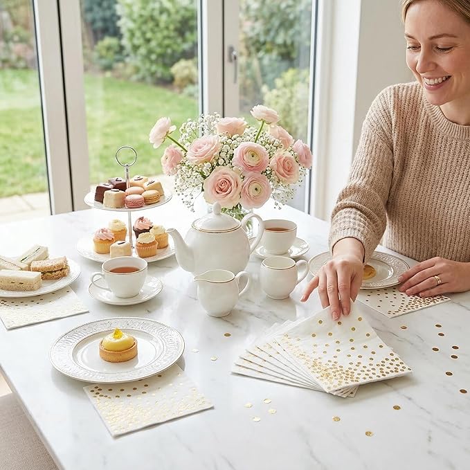 50 Pack Disposable Gold Foil Cocktail Napkins | Birthday Wedding Baby/Bridal Shower Celebration/Party/Event | Dessert/Cake table, 3-Ply, Unfolded 10" x 10", Folded 5" x 5"