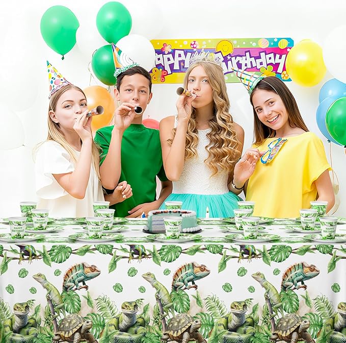 MEHOFOND Reptile Birthday Party Decorations - Happy Birthday Reptile Snake Plates and Napkins - Snake Turtle Palm Leaf Jungle Paper Plates Cups with Tablecloths, Reptile Bday Party Supplies, Serve 24