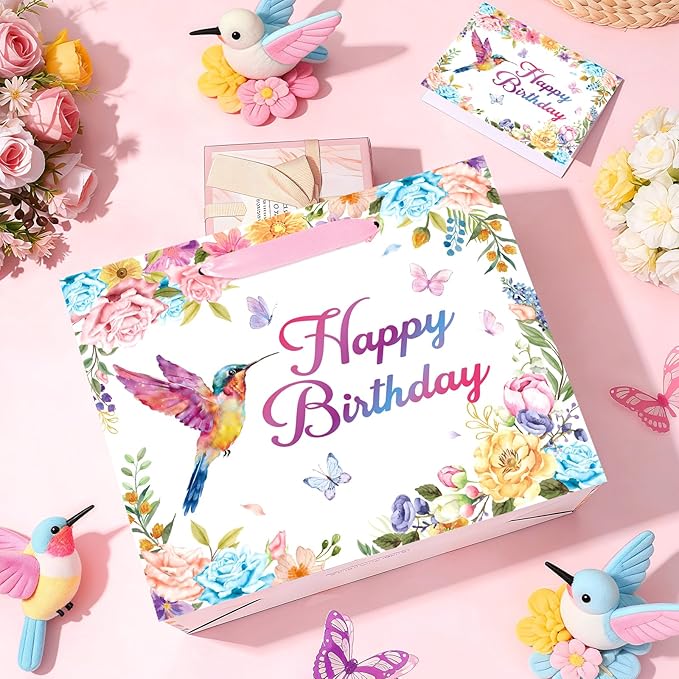 Hummingbird Birthday Gift Bag with Wrapping Paper and Greeting Card Floral Hummingbird Party Supplies Happy Birthday Classroom Party Wrapping Paper Bag for Women Girls Flower Bird Party Decorations