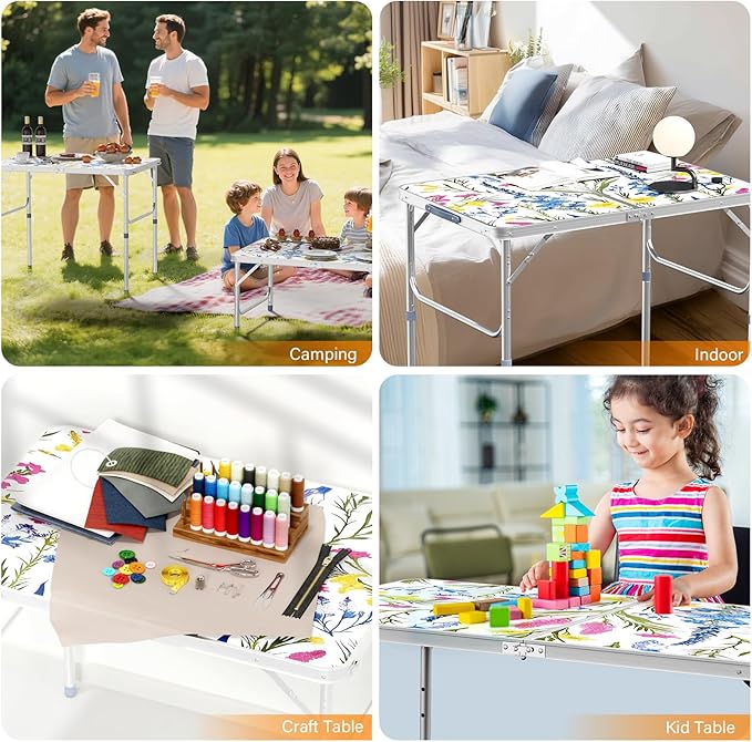 VINGLI 3FT Small Folding Camping Table Adjustable Height Aluminum Folding Table for Picnic Party BBQ, Plastic RV Suitcase Table Portable Lightweight Fold Up Utility Outdoor Tables