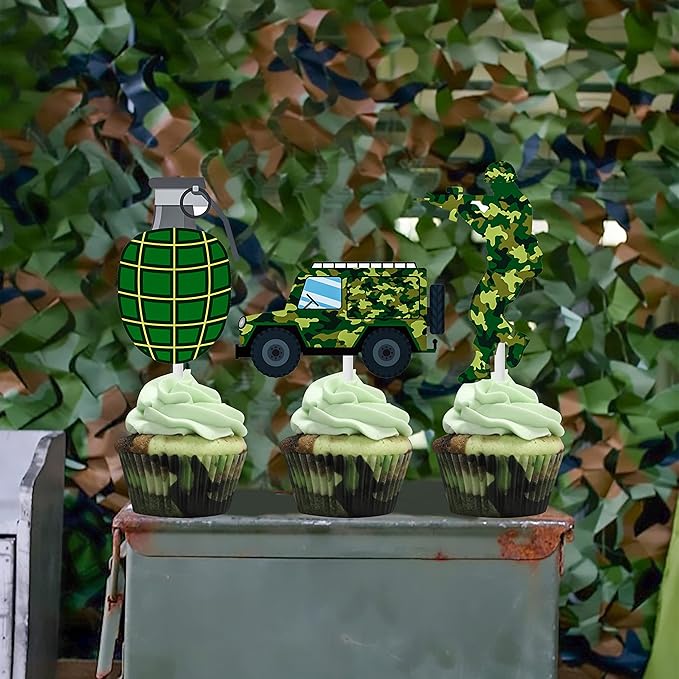 36pcs Camo Cupcake Toppers Camouflage Cake Decorations Military Cupcake Picks for Army Soldier Theme Birthday Party Baby Shower Supplies