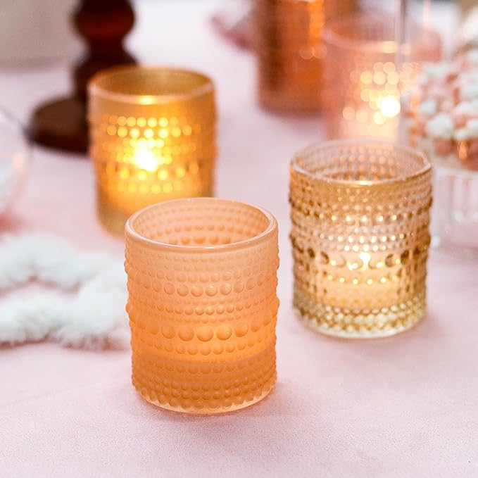 WDHODEC Pink Votive Candle Holders Set of 12 - Vintage Hobnail Glass Tealight Holders for Wedding, Valentine's, Party Table Centerpiece Decor