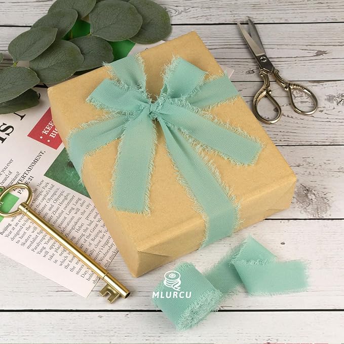 Dusty Green Chiffon Ribbon - 1 Inch x 21 Yards, Handmade Fringe, Silk, Boho Frayed, Gift Wrapping, Wedding Invitation, Bridal Flower Bouquets