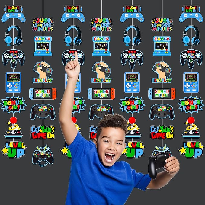 Video Game Garlands Blue Video Gamer Birthday Party Decorations 6Pcs Video Controller Hanging Paper Garlands Gaming Theme Banners for Game Player Level Up Baby Shower Party Supplies