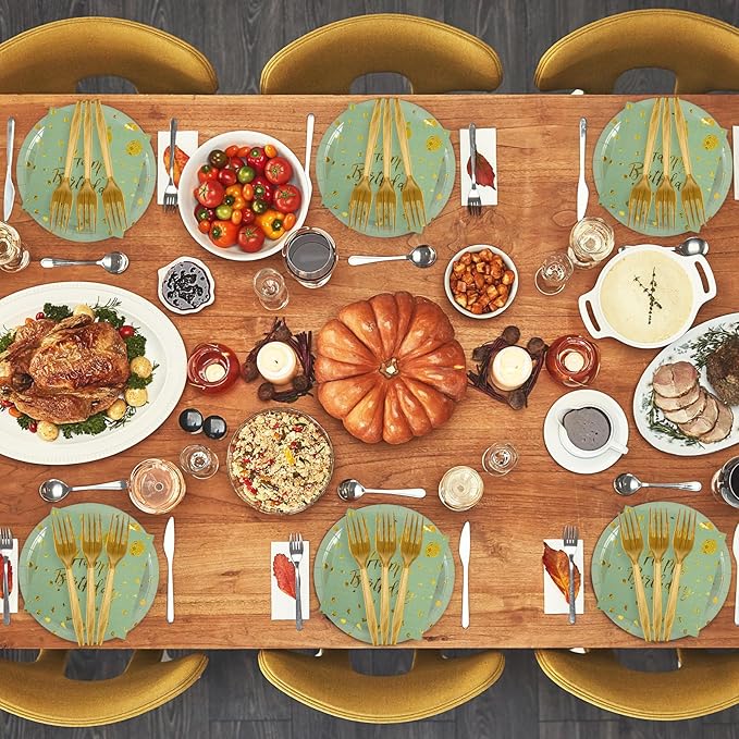48PCS Happy Birthday Plates and Napkins Party Supplies, Sage Green and Gold Disposable Paper Plates and Napkins with Forks Tableware Set for Birthday Party Decorations 16 Guests (Sage Green)
