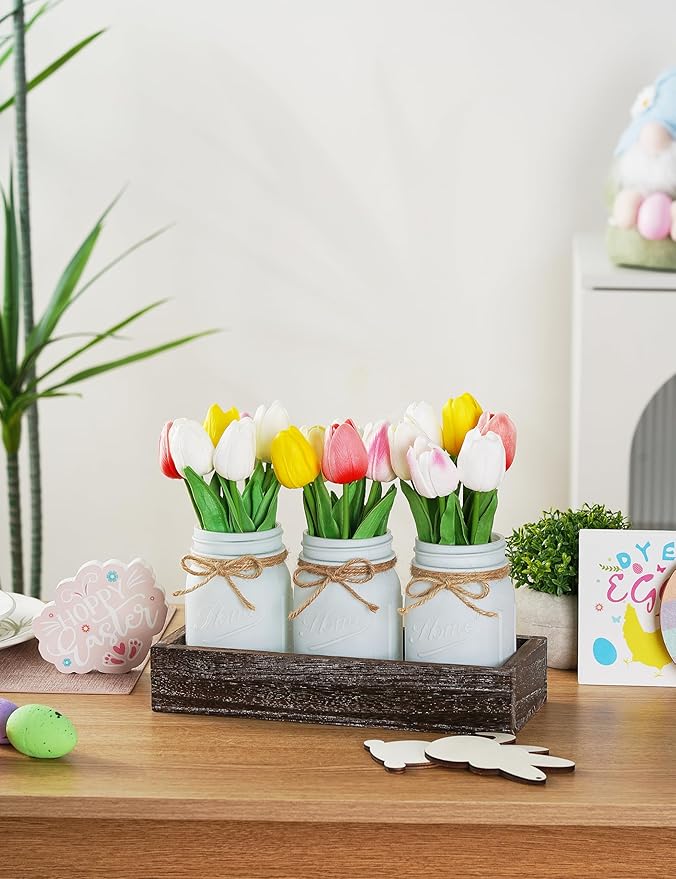 Spring Easter Decor, Centerpieces for Tables with Mason Jars, Tulips Artificial Flowers, Wood Tray, Easter Table Centerpiece, 22 Pcs Farmhouse Spring Party Decorations Indoor for Home, Office