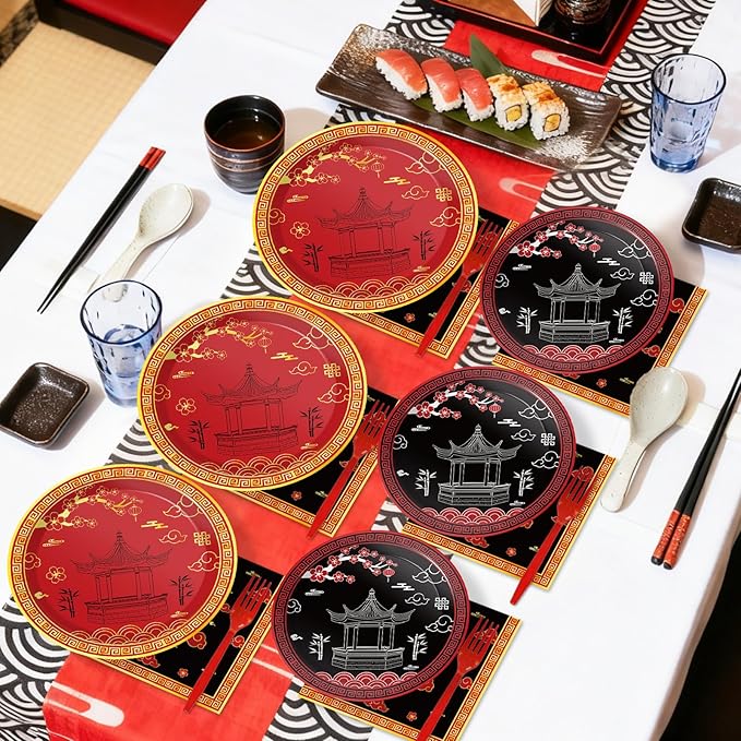 Qyeahkj 100 Pcs Hibachi Party Supplies Paper Plates and Napkins Set Disposable Japanese Tableware Decorations for Spring Festival Japanese Hibachi Theme Chinese Party Favor Baby Shower Serve 25 Guests