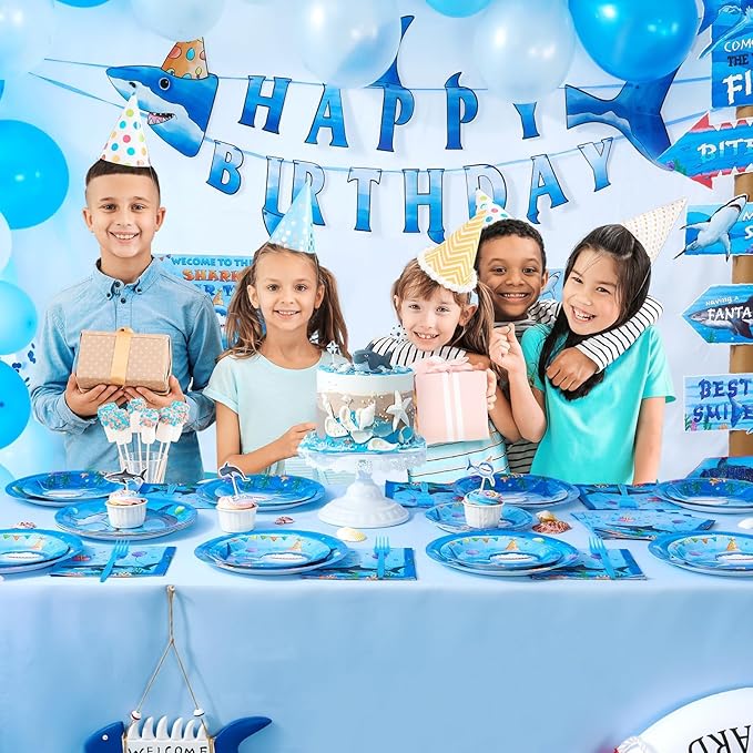 WERNNSAI Shark Birthday Party Decorations - 64PCS Shark Plates Napkins Forks Under the Sea Theme Party Supplies for Kids Boys Summer Baby Shower Birthday Decor Serves 16 Guests