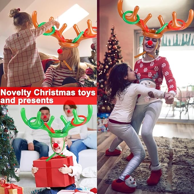 Christmas Inflatable Reindeer Antler Ring Toss Game Xmas Antler Heandband Toys Christmas Party Game Supplies for School Family Team Game Indoor Outdoor