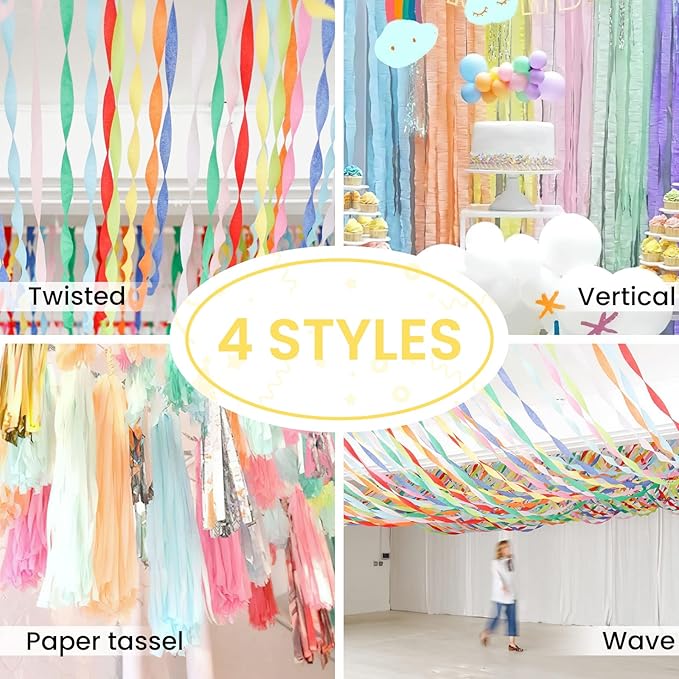 PartyWoo Pastel Crepe Paper Streamers 8pcs 656ft Pack of Pastel Rainbow Colorful Crepe Paper Streamers for Graduation Baby Shower Unicorn Easter Safari Spring Rainbow Theme Birthday Party Decorations