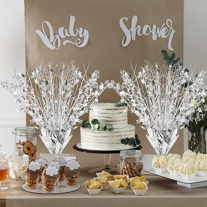 Crowye 18 Pcs Foil Spray Centerpiece Table Decoration Party Star Burst Metallic Graduation Table Centerpieces for Spring Party Birthday Season Wedding Holiday(Silver)