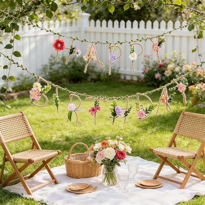 SUNBEAUTY 2 Pcs Wildflower Birthday Party Decorations 13.2FT Sturdy Hemp Rope Metal Happy Birthday Banner Handmade Hanging Banner 3D Garland Garden Tea Party Floral Decorations for Girls Women Baby