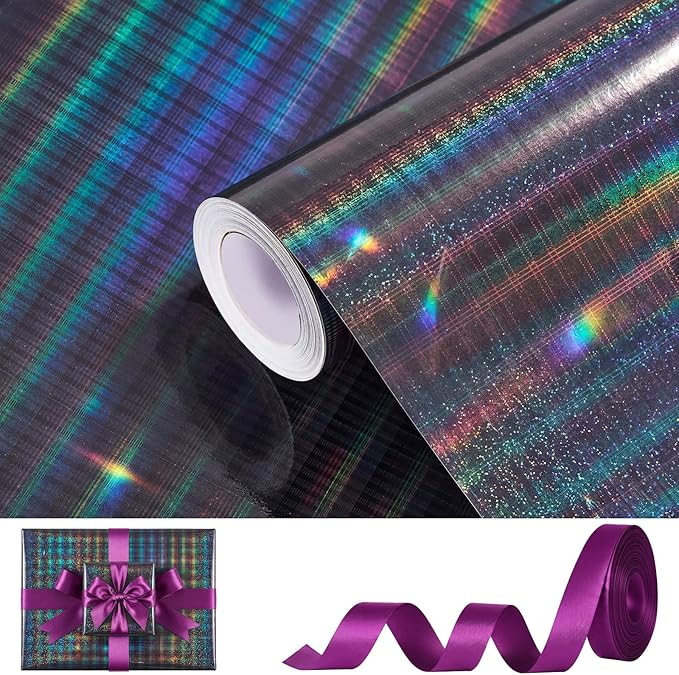 Bafeil Black Holographic Striped Wrapping Paper Roll with Ribbon, Metallic Iridescent Gift Wrap Paper for Birthdays, Mother’s Day, Graduations, Weddings, Father’s Day, Teachers’ Day