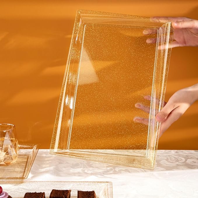 I00000 6 Pack Gold Glitter Plastic Serving Tray, 15" x 10" Crooked Food Trays, Clear Disposable Serving Platter for Parties, Weddings