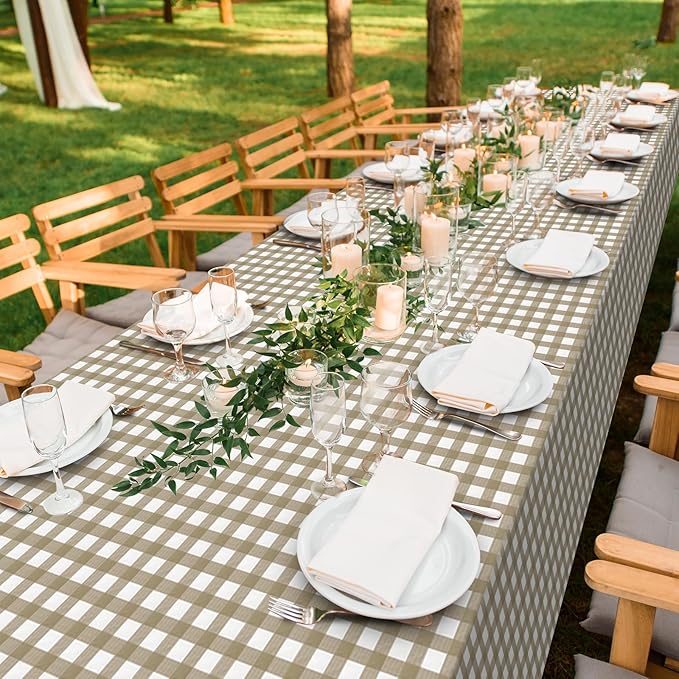 12 Pack Brown and White Plastic Checkered Tablecloth, Premium Decorative Disposable Tan Gingham Plaid Table Cloths for Parties, Rectangle Party Table Cover for Picnic Farm Birthday Fall, 54x108 Inch