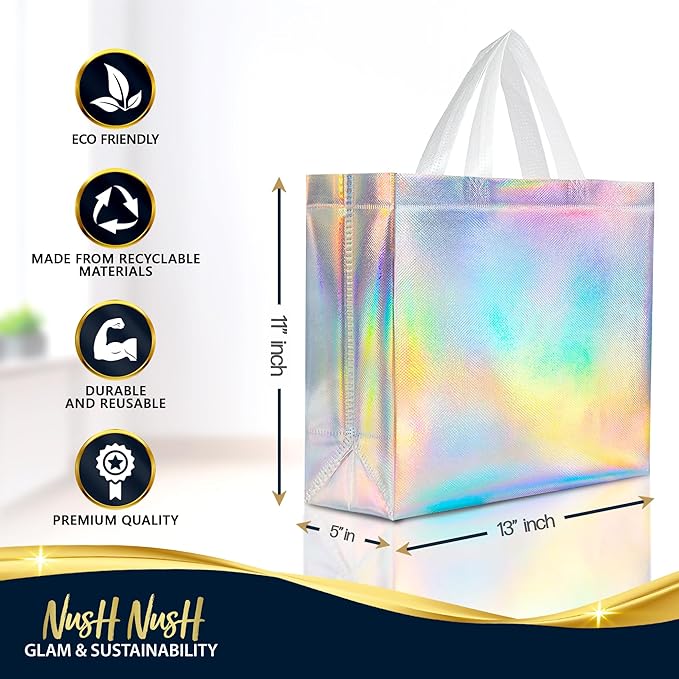 Nush Nush Iridescent Large Gift Bags Bulk - Set of 30 Holographic Reusable Gift Bags with Handles - Goodie Bags for Birthday Parties, Wedding, Small Business, Corporate Events - 13" W x 5" D x 11" H